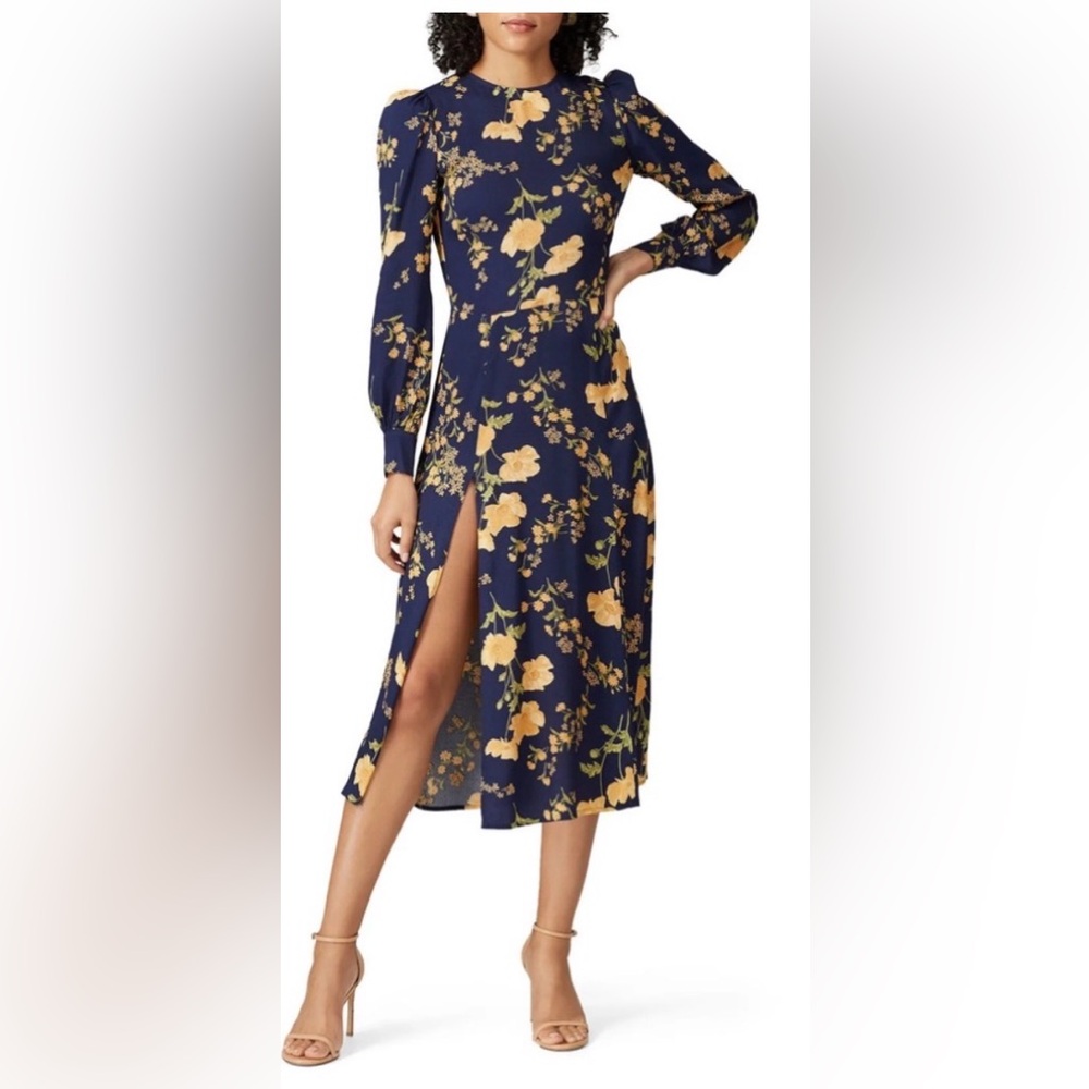 Reformation Navy and Yellow Floral Long Sleeve Dress